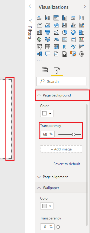 Captura de tela do painel Visualizações, realçando as configurações de tela de fundo da Tela para uma borda pontilhada com transparência superior a 50%.