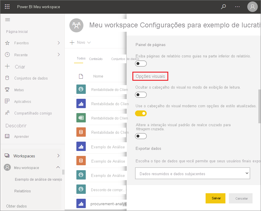 Captura de tela das configurações de um relatório no serviço do Power BI.