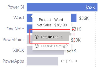 Captura de tela de uma dica de ferramenta, realçando Fazer drill down.