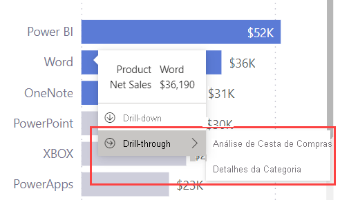 Captura de tela de uma dica de ferramenta, realçando as opções de Executar uma consulta drill-through.