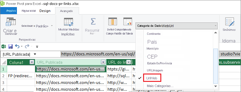 Lista suspensa de categoria de dados no Excel