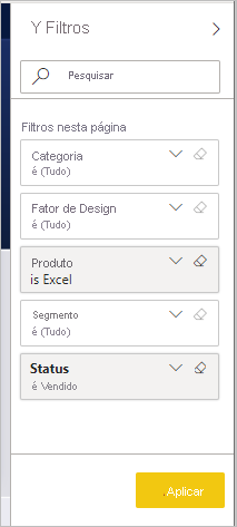 Captura de tela do painel Filtros, mostrando os filtros aplicados.