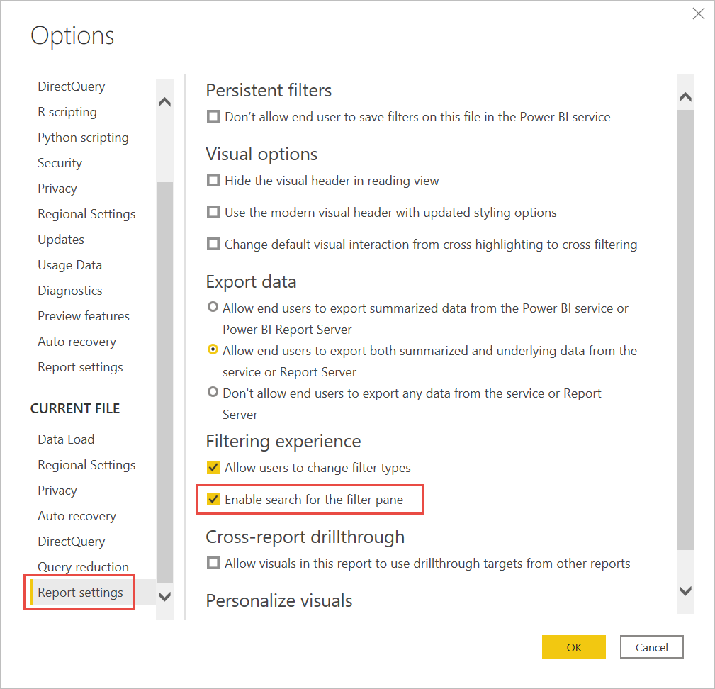 Captura de tela do menu Opções, realçando o painel Habilitar pesquisa para Filtros.