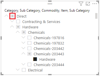 Captura de tela da segmentação de hierarquia de seleção única no Power BI.