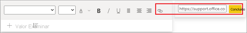 Captura de tela de uma caixa de texto, realçando o campo de hiperlink.