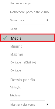 Captura de tela da lista de agregação com Média selecionada e em destaque.