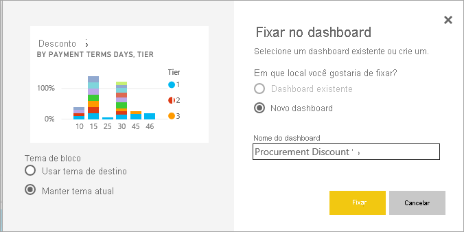 Captura de tela da janela Fixar no dashboard.