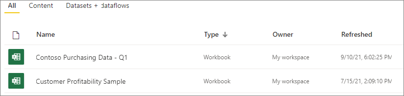 Captura de tela mostrando as pastas de trabalho do Excel em um espaço de trabalho.