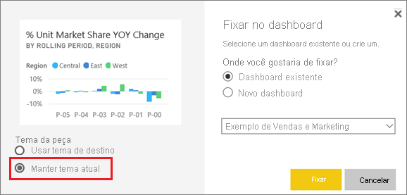 Captura de tela da janela Fixar no dashboard, realçando a opção Manter tema atual.