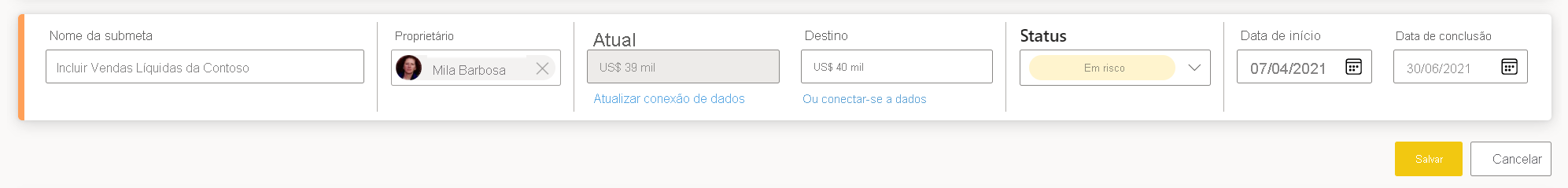 Captura de tela de Selecionar Salvar para a métrica conectada a dados.