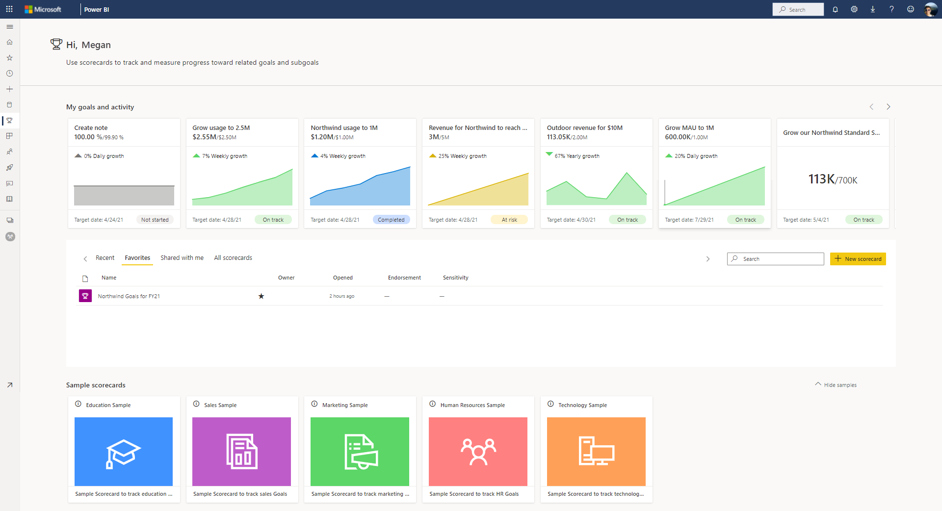 Captura de tela da página de metas com metas, scorecards e amostras.