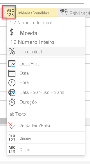 Captura de tela mostrando as opções de Tipo de dados para uma coluna.