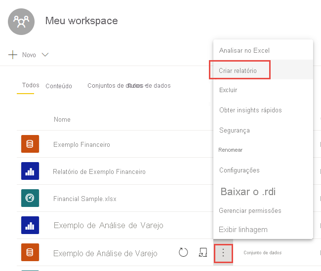 Captura de tela do Meu espaço de trabalho, destacando mais opções e Criar relatório.
