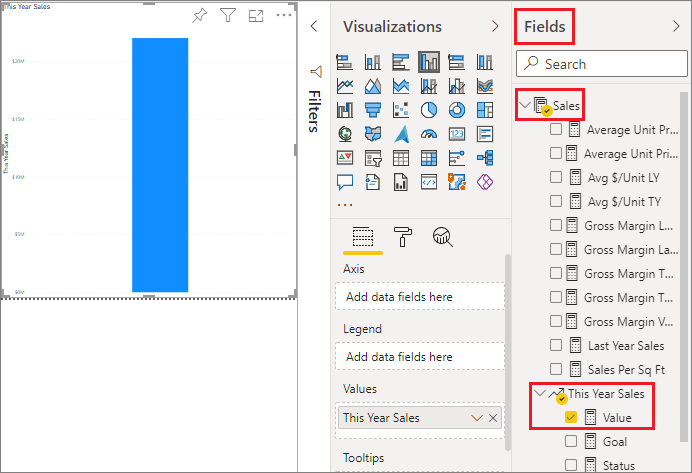 Captura de tela do editor de relatórios, destacando o painel Dados, Vendas, Vendas deste Ano e Valor.