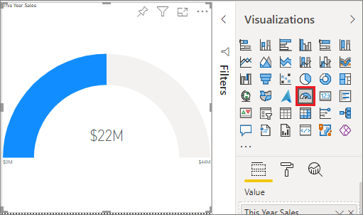 Captura de tela do painel Visual e Visualizações, destacando o ícone de modelo do Medidor.