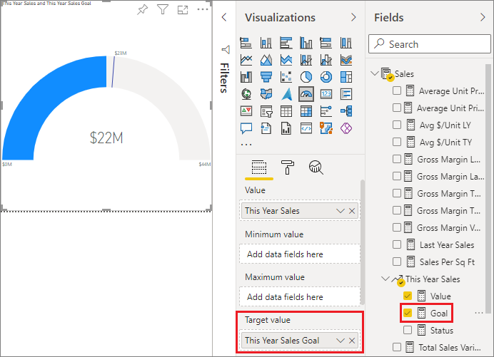 Captura de tela dos painéis Visualizações e Dados, destacando o valor e a Meta do Alvo.