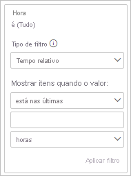 Captura de tela mostrando um cartão de filtro com Tempo relativo selecionado como o Tipo de filtro.