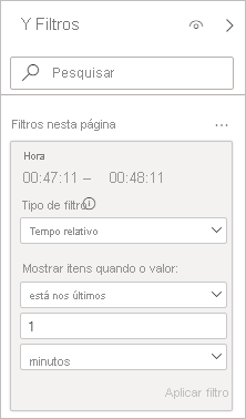 Captura de tela mostrando um cartão de filtro com Tempo relativo selecionado como o Tipo de filtro.