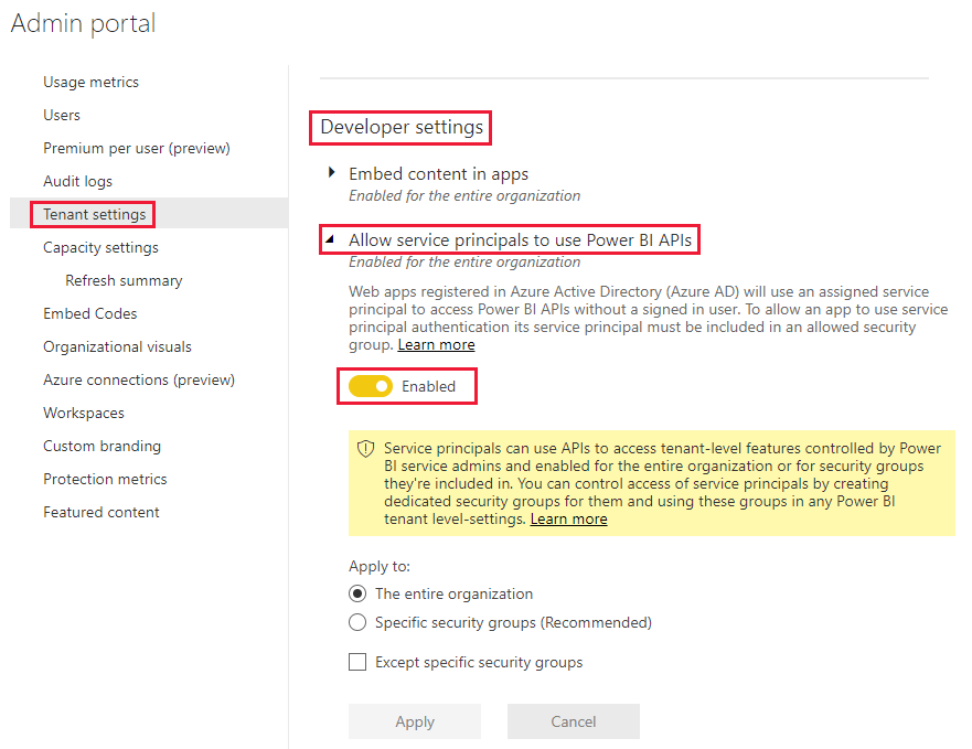 Uma captura de tela que mostra como habilitar a opção de configurações do desenvolvedor, na opção de menu configurações de locatário, no serviço do Power BI.