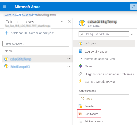 Captura de tela da janela portal do Azure, que mostra a página Cofres de chaves com o item Certificados realçado.