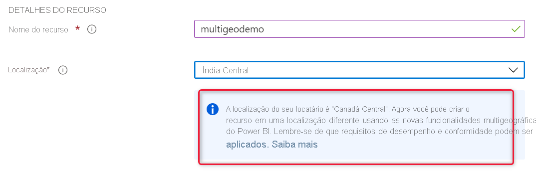 Screenshot of the Azure portal capacity creation screen, which shows the capacity's location is different than the default tenant location.