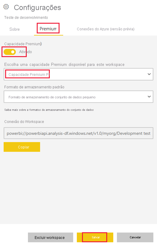 Captura de tela das configurações premium de um workspace no serviço do Power BI. Uma capacidade selecionada e o botão Salvar estão realçados.