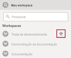 Captura de tela do serviço do Power BI. Na lista Workspaces, um diamante é visível ao lado do nome de um workspace que tem uma capacidade atribuída a ele.