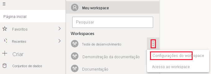 Captura de tela do serviço do Power BI, com o menu Mais de um workspace expandido. Nesse menu, as reticências e as configurações do workspace são realçadas.