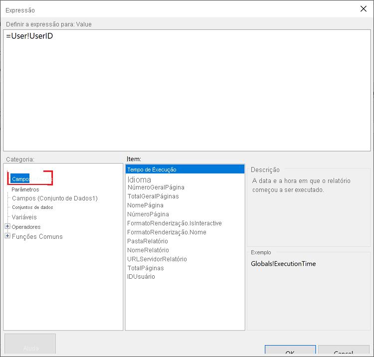 Captura de tela mostrando a janela Expressão com a opção Campos Internos selecionada como Categoria e ExecutionTime selecionado como Item.