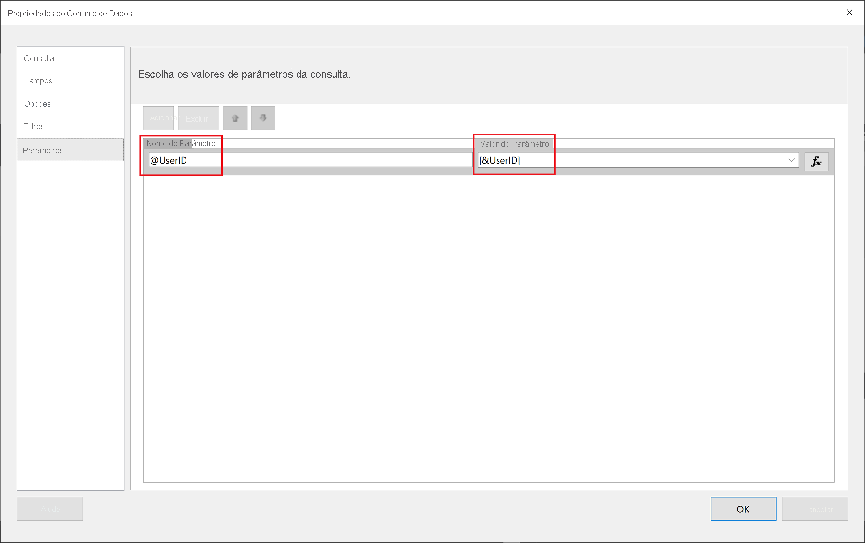 Nome do parâmetro do Construtor de Relatórios do Power BI