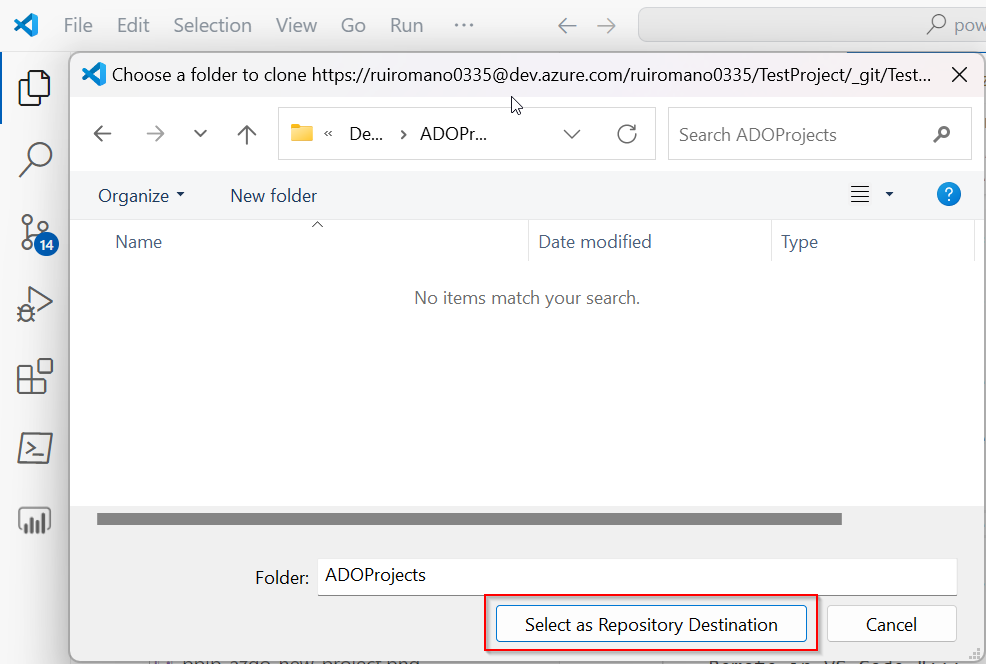 Captura de tela da seleção do repositório de clones de integração do PBIP e do Azure DevOps.