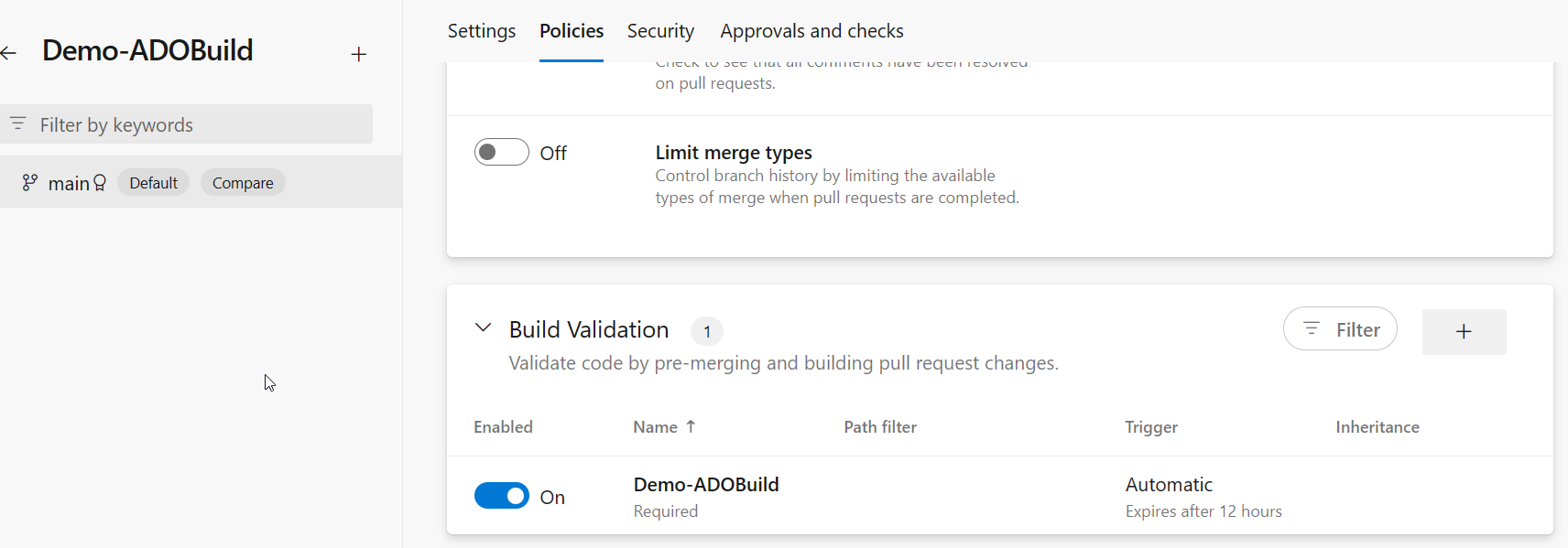 Captura de tela mostrando a segunda parte da interface do usuário da política de build.