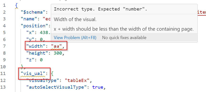 Captura de tela da validação imediata do esquema JSON PBIR.