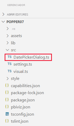 Captura de tela mostrando o local de um arquivo de implementação de caixa de diálogo chamado DatePickerDialog.ts em um projeto de visuais do Power BI.