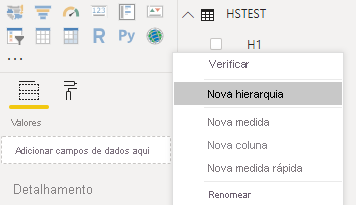 A captura de tela mostra o Power BI Desktop com a opção Nova hierarquia selecionada em um menu contextual.