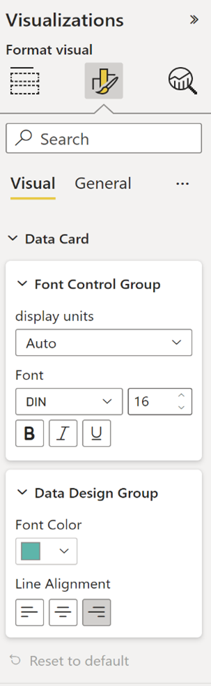 Screenshot of format pane that results from the data card example.