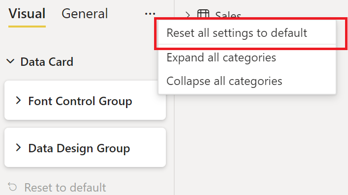 Captura de tela do botão Redefinir todas as configurações para padrão do painel de formatação.