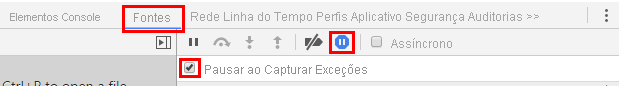 A captura de tela mostra a guia Fontes com Pausar em Exceções Capturadas selecionada.