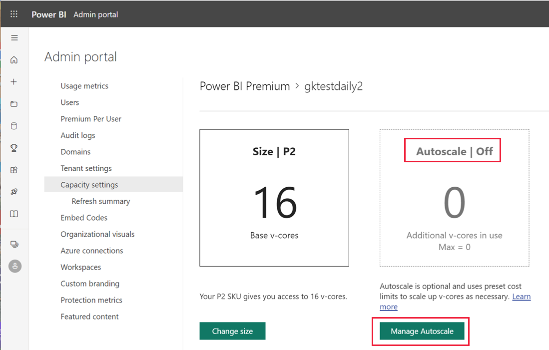 Captura de tela do portal de Administração do Power BI mostrando as configurações de capacidade. O Dimensionamento Automático desativado e o botão Gerenciar Dimensionamento Automático estão realçados.