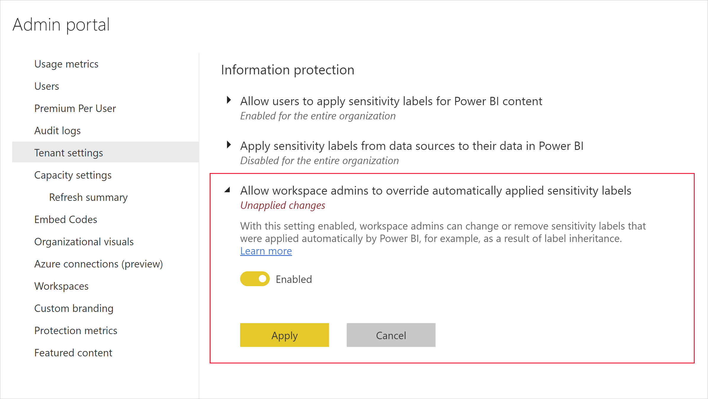 Captura de tela da opção de locatário permitindo que os administradores do workspace substituam automaticamente rótulos de confidencialidade.