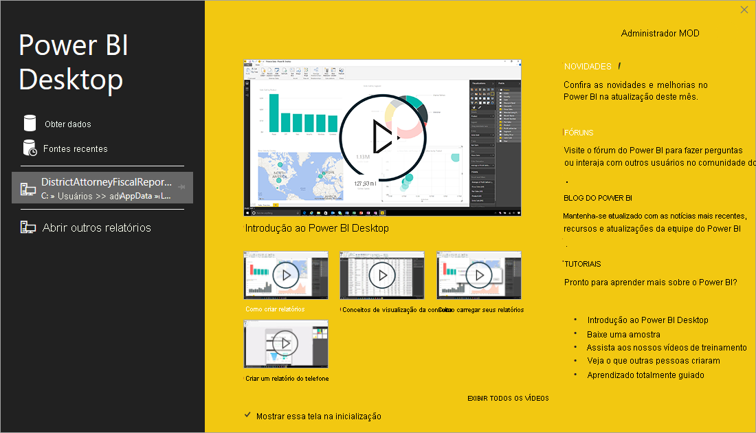 Captura de tela da instalação do Power BI Desktop mostrando a tela de boas-vindas.