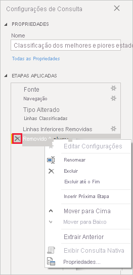 Captura de tela do Power BI Desktop mostrando as opções de modificação de Etapas Aplicadas.