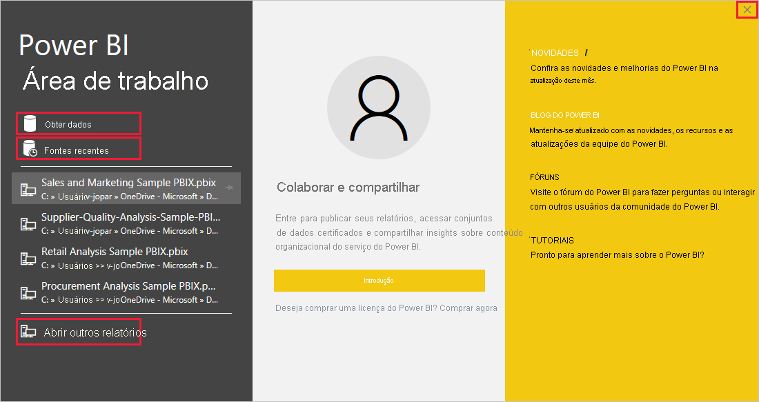 Captura de tela do Power BI Desktop mostrando a tela de boas-vindas.