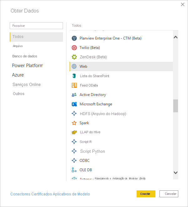 Captura de tela do Power BI Desktop mostrando a ferramenta Obter Dados.