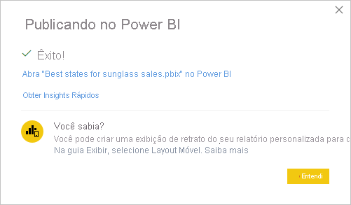 Captura de tela do Power BI Desktop mostrando a mensagem Publicação Bem-sucedida.