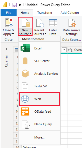 Captura de tela do Power BI Desktop mostra o Editor do Power Query selecionando Web de Nova Fonte.