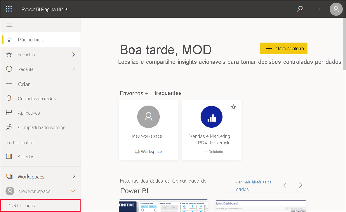 Captura de tela do Power BI Desktop mostrando a opção Obter Dados.