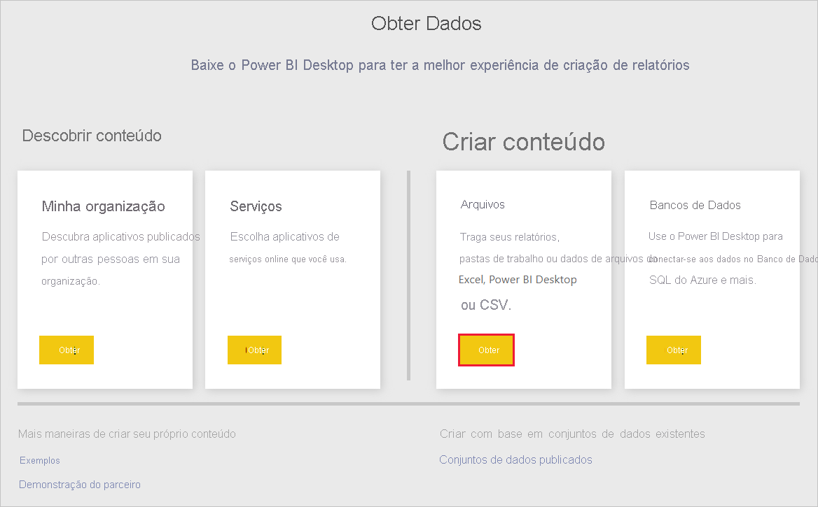 Captura de tela do Power BI Desktop mostrando a tela Obter Dados.