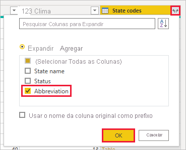 Captura de tela do Power BI Desktop mostrando a coluna Abreviação de Códigos de Estado.