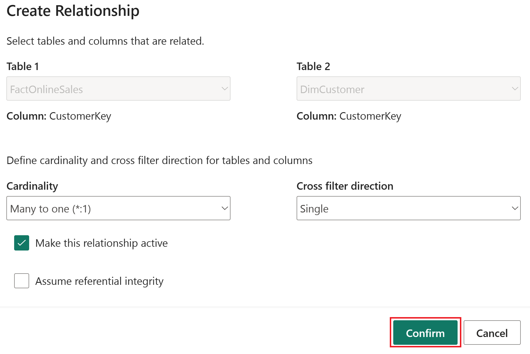 Captura de tela da relação entre a tabela FactOnlineSales e DimCustomer.